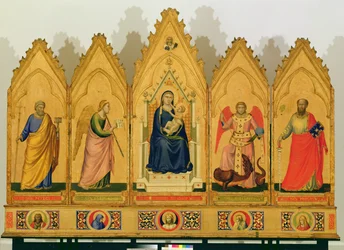 Polyptychon af Jomfruen og barnet flankeret af helgener, 1333-34 (tempera på panel)